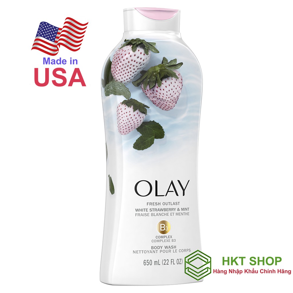 [Mẫu mới] Sữa tắm Olay Cooling White Strawberry &amp; Mint 650ml (Dâu Bạc Hà mát lạnh) - Nhập khẩu từ Mỹ