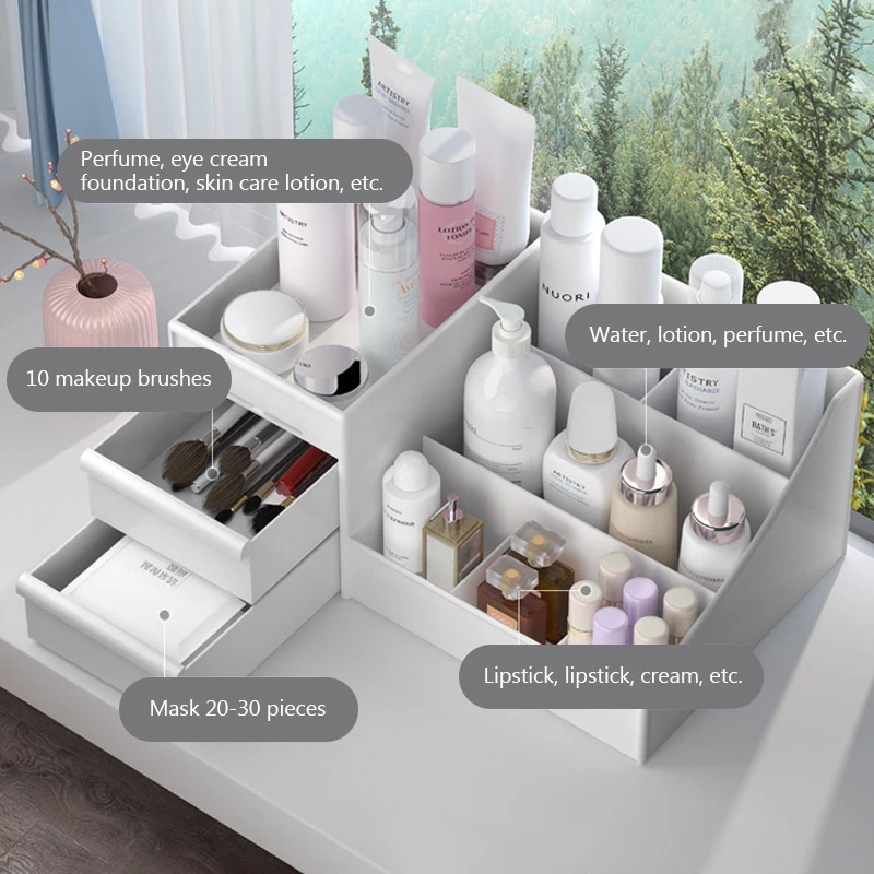 Hộp Đựng Đồ Trang Điểm/ Văn Phòng Phẩm Để Bàn Sức Chứa Lớn Đa Năng Có Ngăn Kéo