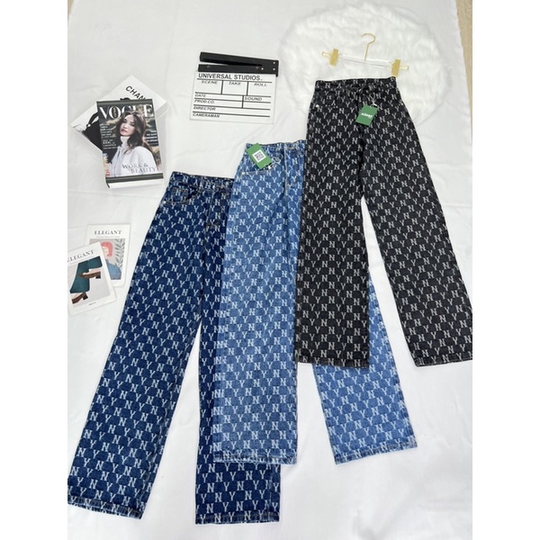 [CAO CẤP - ĐỦ 3 MÀU] Quần Jean Ống Rộng AIORI Lưng Cao Họa Tiết NY Thời Trang Hàn Quốc_Mã E004