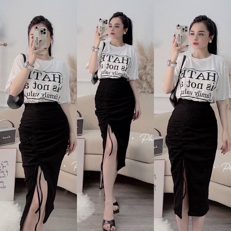 Set Bộ đồ nữ đi dự tiệc, Set bộ đồ nữ áo thun váy body rút dây cao cấp