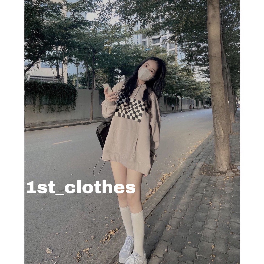Áo hoodie đôi họa tiết bàn cờ có mũ tay dài form rộng thời trang unisex 1st_clothes