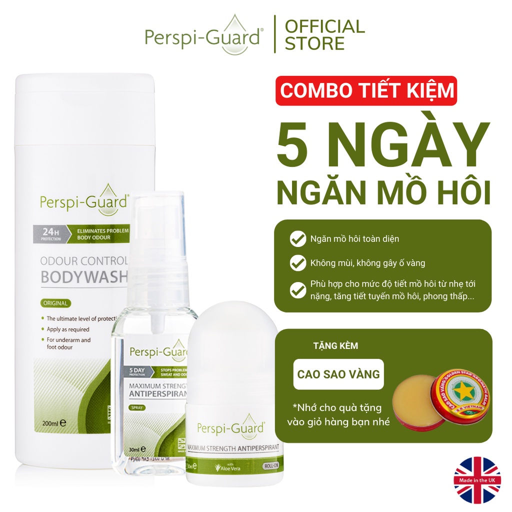 Combo 3 ngăn mồ hôi trọn bộ Perspi-Guard sữa tắm 200ml + xịt khử mùi 30ml + lăn khử mùi 30ml