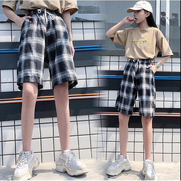 Quần short dây rút kẻ sọc vuông phong cách Hàn Quốc