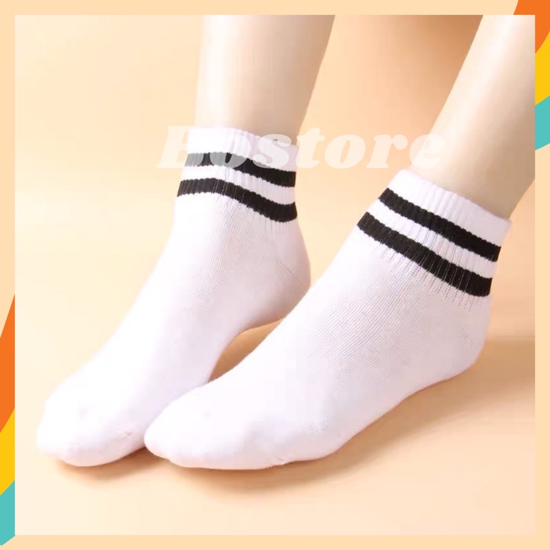Tất unisex cổ thấp dành cho nam nữ màu trắng đen họa tiết hai sọc cổ chân