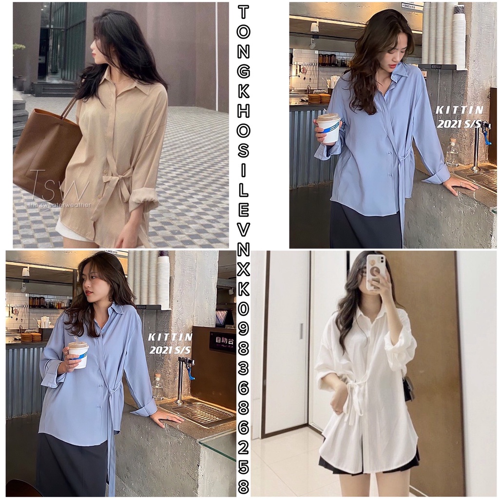 Áo Sơmi form Oversized Dây Thắt Eo - Sơ Mi Buộc Lệch Eo Dài Tay Nâu Be Xanh Trắng