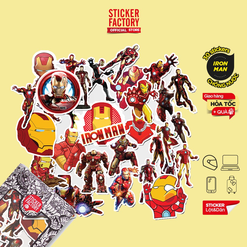 Hộp set 30 sticker decal hình dán nón bảo hiểm , laptop, xe máy, ô tô STICKER FACTORY - Iron Man