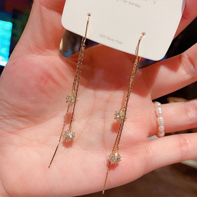 Bông tai mạ bạc 925 dáng dài đính đá thời trang phong cách Hàn Quốc cho nữ