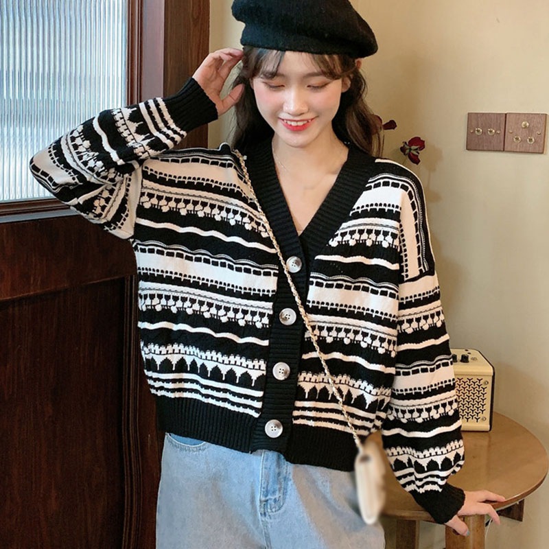 Áo Khoác Cardigan Dệt Kim Hoạ Tiết Kẻ Sọc Thiết Kế Cổ Chữ V