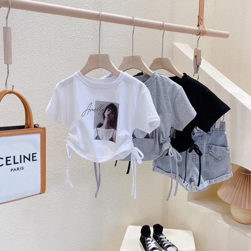 Áo Thun Cotton Ngắn Tay Lưng Cao Phối Dây Rút Thời Trang Cho Bé Gái