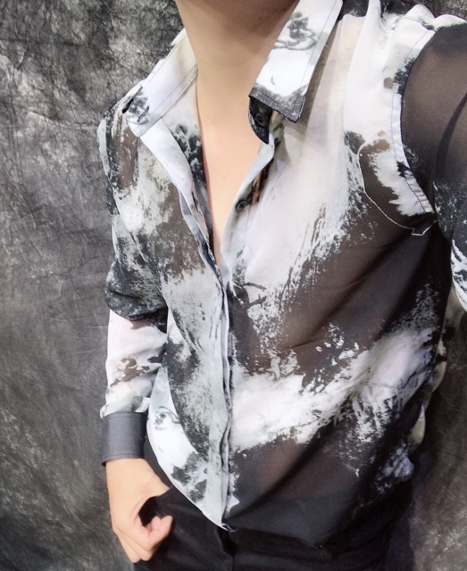 Áo sơ mi nam vải chiffon cao cấp ,họa tiết xám khói