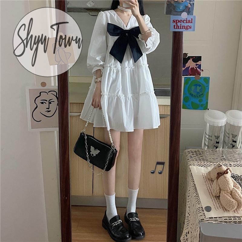 [KÈM VIDEO-ẢNH THẬT] Đầm công chúa xinh xắn 2 lớp tay phồng dáng xoè màu trắng đính nơ, Váy babydoll nữ -ShynCloset | BigBuy360 - bigbuy360.vn