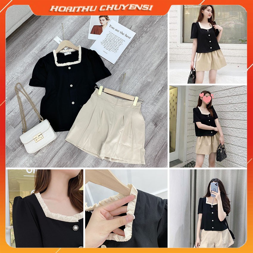 Set Áo Cổ Vuông Tay Bồng Viền Bèo Tiểu Thư Xinh Xắn Bộ Nữ Quần Sooc Dịu Nhẹ