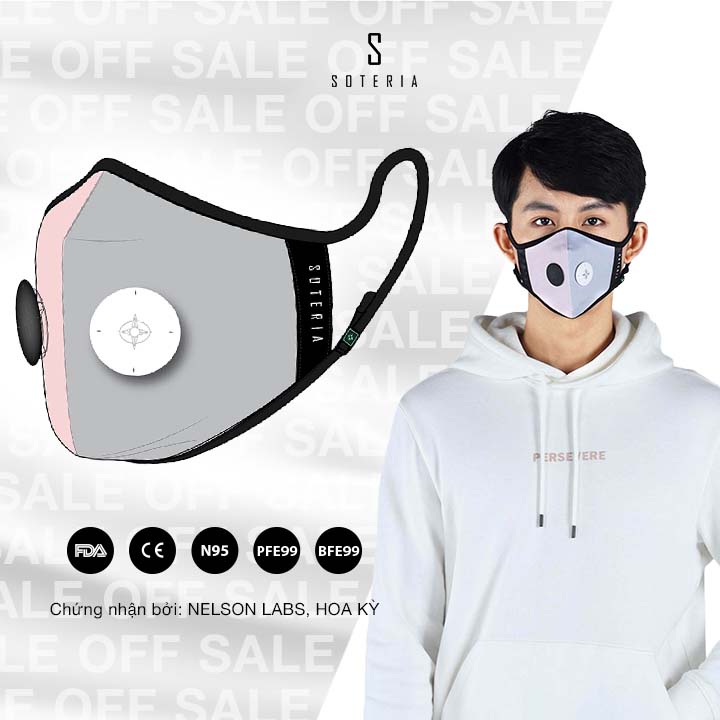 Khẩu trang tiêu chuẩn Quốc Tế SOTERIA Pink Grey ST217 - Bộ lọc N95 BFE PFE 99 lọc đến 99% bụi mịn 0.1 micro- Size S,M,L