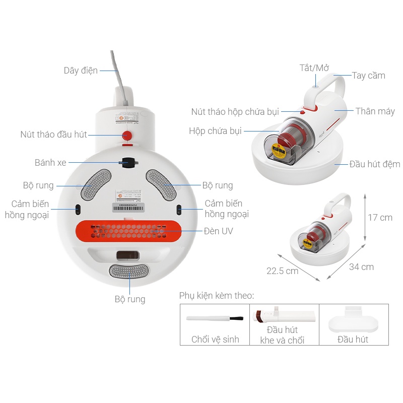 Máy hút bụi ga giường cầm tay Deerma mini CM1300 CM1900 diệt khuẩn UV gối, nệm, sofa thông minh - HAPOS