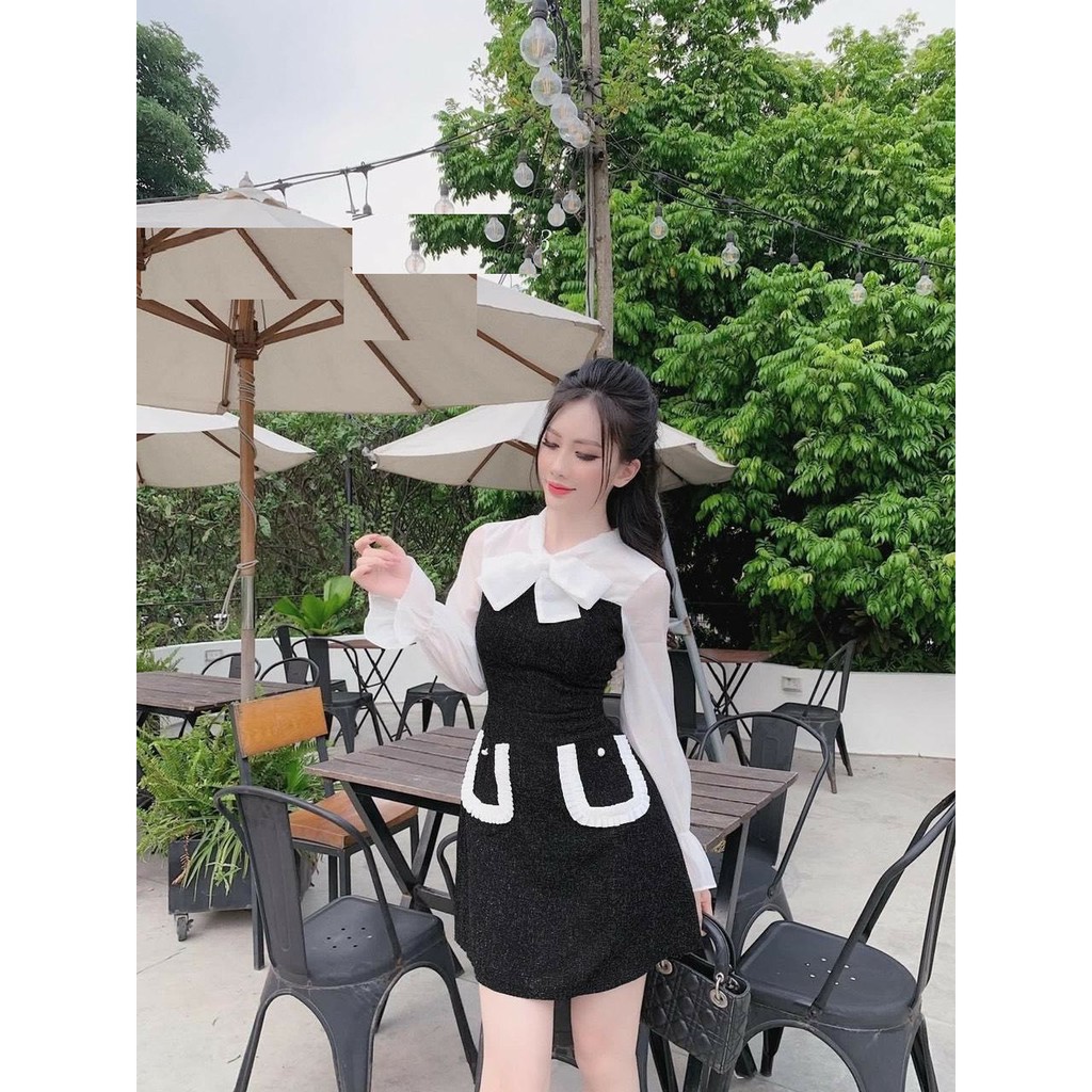 Đầm nữ phối túi nơ cổ cotton thái mềm mịn thoáng mát, đầm body nữ dáng xinh form chuẩn