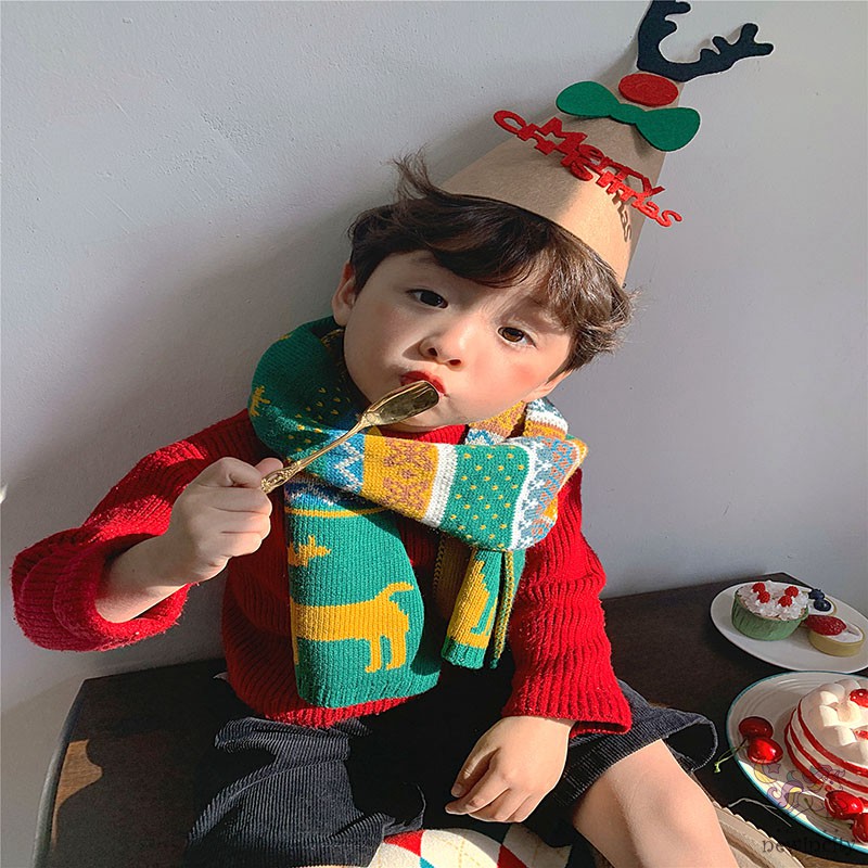 Khăn Choàng Dệt Kim Hoạ Tiết Giáng Sinh Phong Cách Hàn Quốc Cho Bé