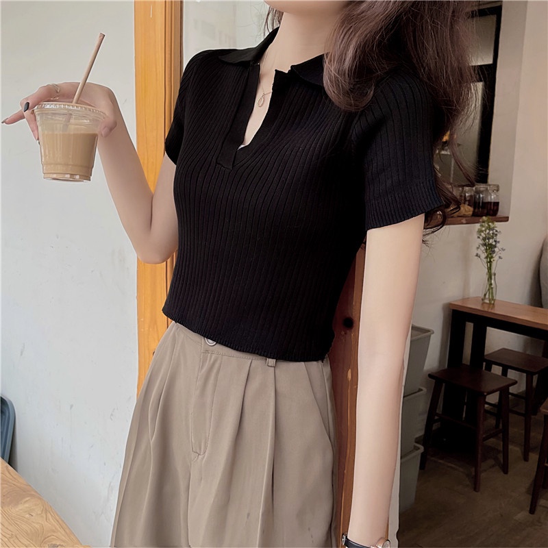 Áo thun dệt kim SUXI đơn giản phong cách cổ điển cho nữ