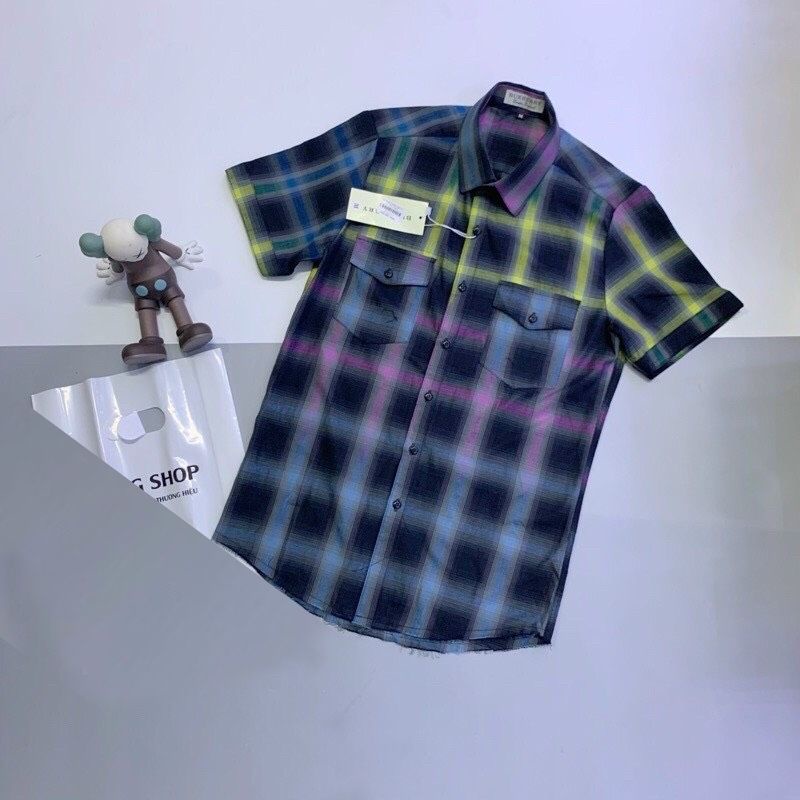 Áo sơ mi bbr nam cộc tay ngắn loang màu rách gấu 2 túi ngực chất liệu cotton không phai màu hay xù lông
