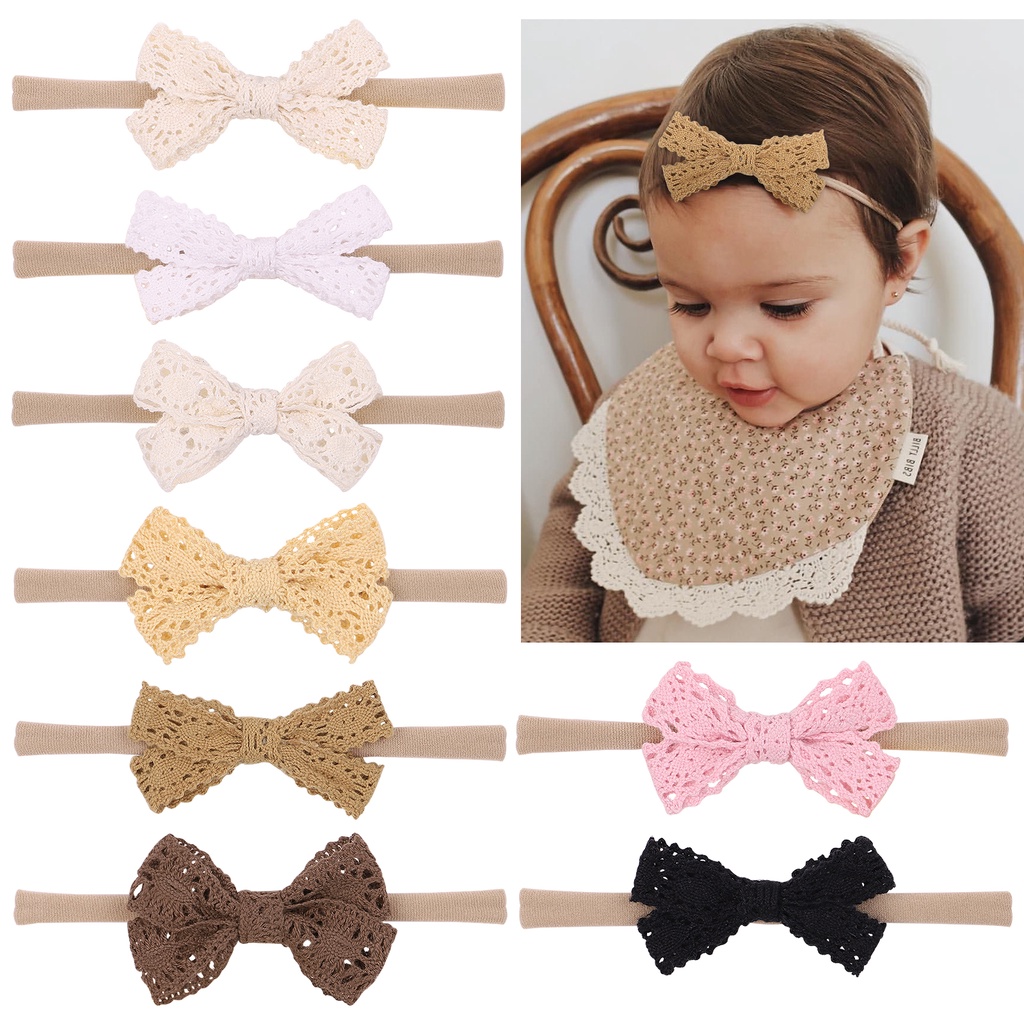 Dây buộc tóc KIDSBOWS 2315 nylon co giãn đính nơ ren màu trơn dễ thương cho bé gái