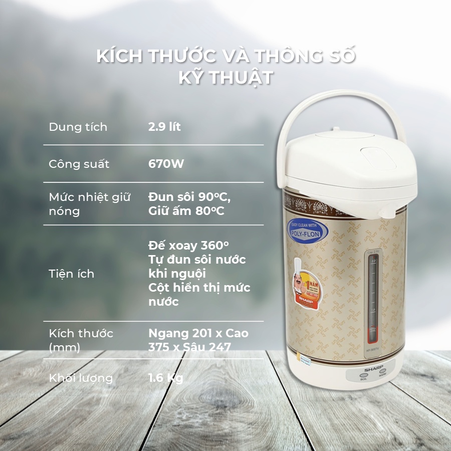 Bình Thủy Điện Inox Sharp KP-30STV 100 độ Đun Nước Nóng Giữ Nhiệt Công Suất 670W Dung Tích 2.9L