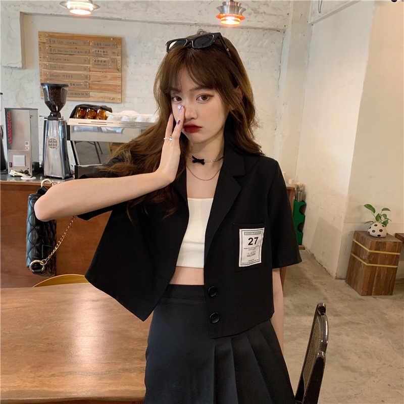 Áo Khoác Blazer Ngắn Tay Màu Đen Trơn Kèm Chân Váy Ngắn Thời Trang Cho Nữ