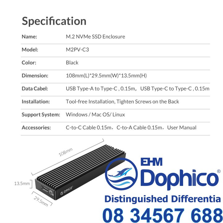 Box ổ cứng SSD M2 Orico M2PV-C3 (NVMe) – CHÍNH HÃNG – Bảo hành 12 tháng