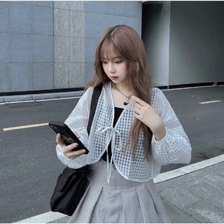 Set Áo lưới lửng trắng đen nude thắt nơ ngực kèm 2 dây croptop