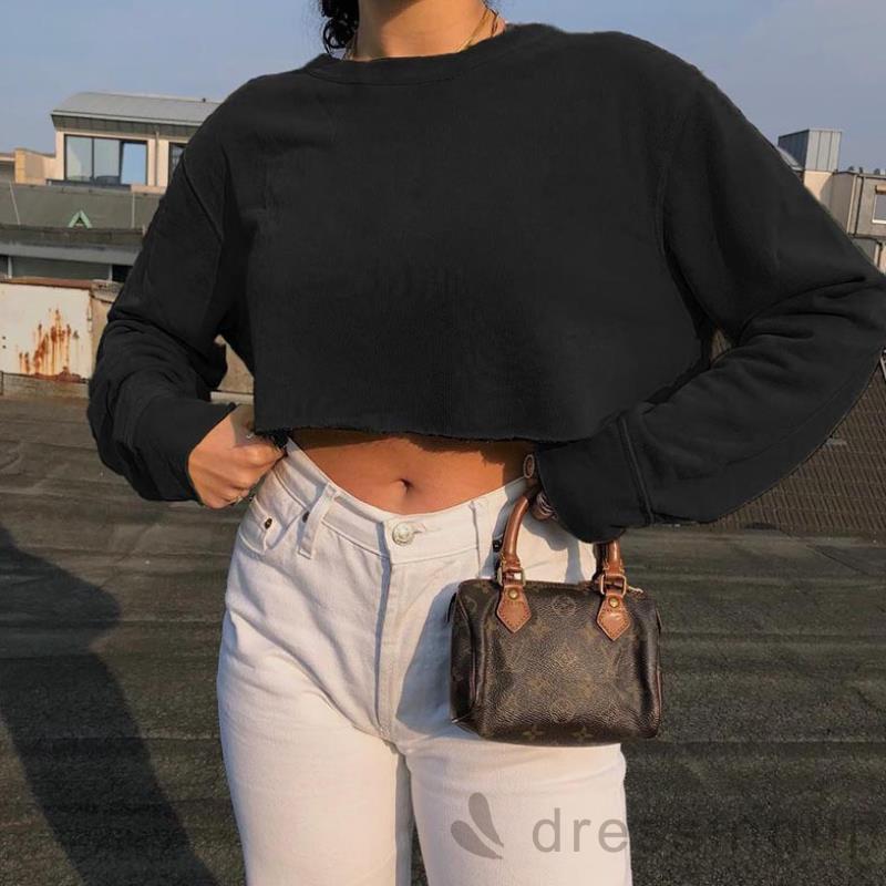 Áo Crop Top Tay Dài Dáng Rộng Màu Trơn Cá Tính Cho Nữ