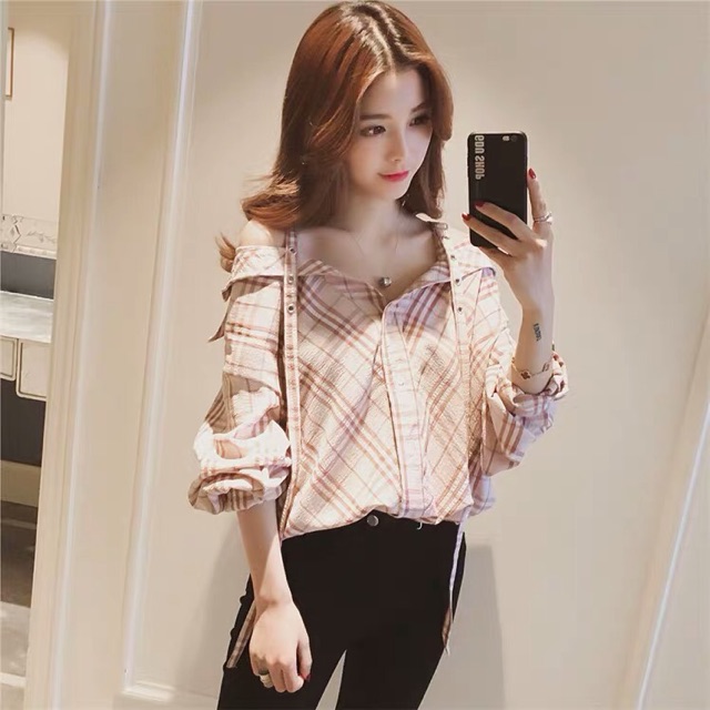 (Order) Áo sơ mi kẻ bẹt vai phối dây