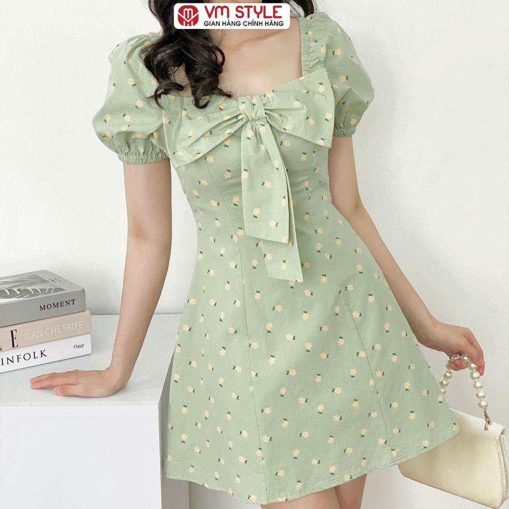 Đầm hoa tay phồng VM STYLE chun vai nơ to ngực Y170 dạo phố thời trang ulzzang 22VD03Y010101