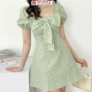 Đầm hoa tay phồng VM Shop chun vai nơ to ngực Y170 dạo phố thời trang ulzzang 22VD03Y010101