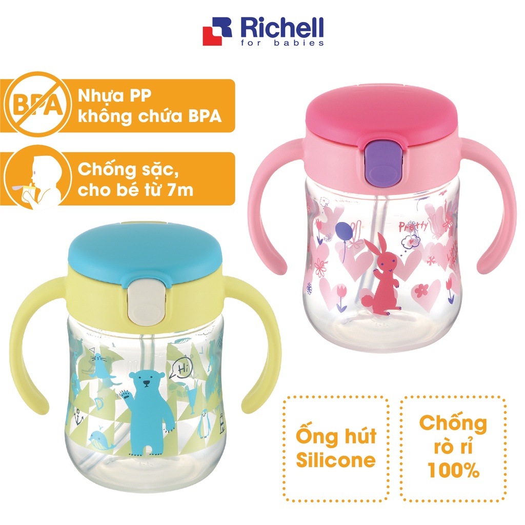 Bình ống hút silicone T.L.I Richell nhựa PP cao cấp chống sặc