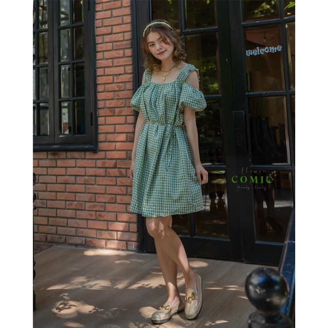 ĐẦM VÁY NỮ CARO GINGHAM TRỄ VAI COMIC
