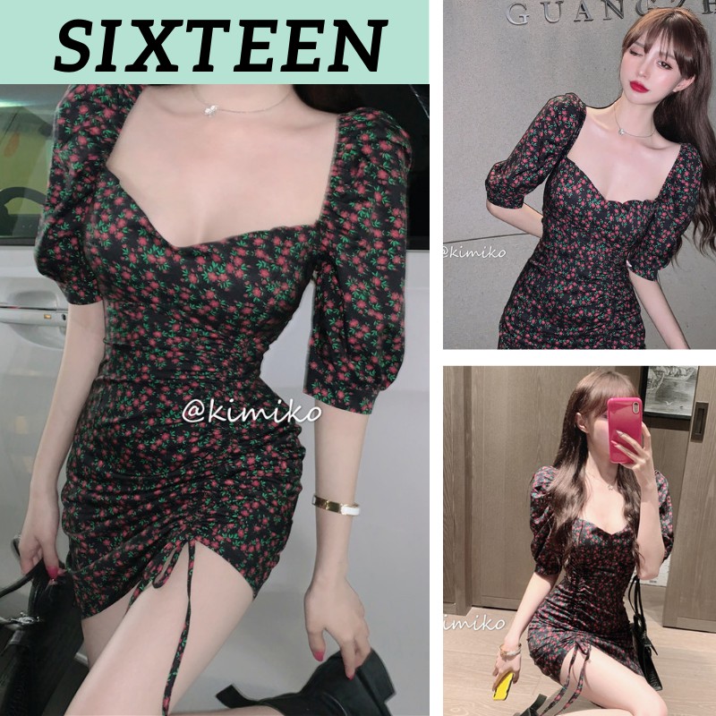 Váy Nữ, Đầm Nữ Hoa Nhí Cổ Vuông , Ôm Dáng Có Dây Rút SIXTEEN.