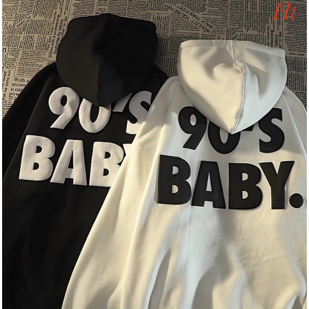 Áo hoodie 90 BABY 🤗 chất nỉ cotton form thụng Tay chuông, mũ cực xinh Màu: đen, trắng