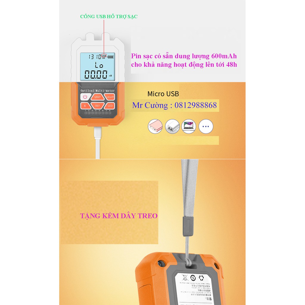 Máy Đo Công Suất Mini Kèm Soi 15Km Có Hỗ Trợ Sạc Cáp Quang Ftth