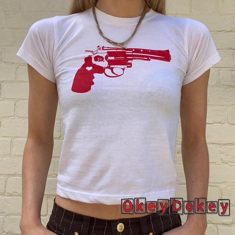 Áo Thun Croptop Cổ Tròn Tay Ngắn Dáng Ôm In Họa Tiết Thời Trang Mùa Hè Cho Nữ OKDK-y2k