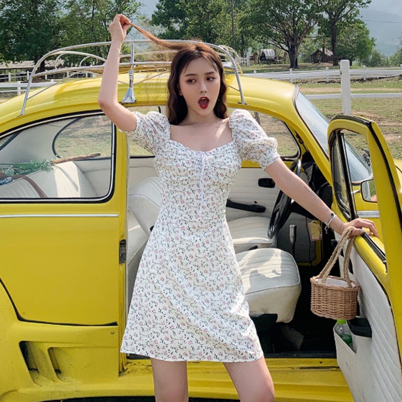 Đầm ngắn tay bằng voan họa tiết hoa phong cách retro Hàn Quốc thời trang dành cho nữ