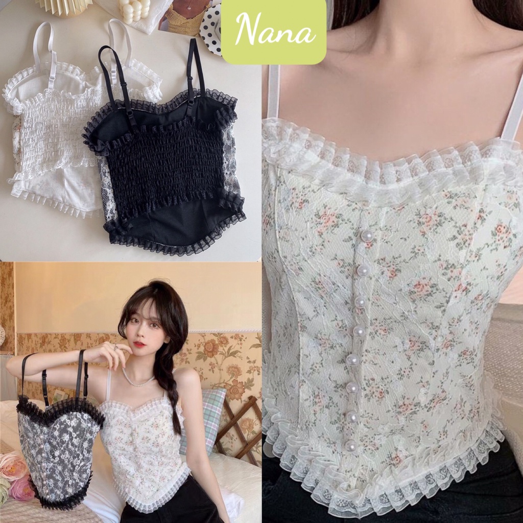 Áo 2 dây ren đính hạt kèm bra/ Áo Bra nữ viền bèo chun sau dáng croptop hai màu đen, trắng siêu xinh Nanashop