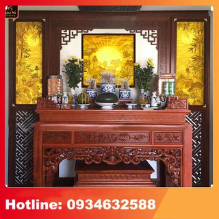 Đèn thờ Tranh trúc chỉ in MÂU NI 198, Combo 2 vách 48cm x 153cm sen nụ + đèn 81x81cm sen tỏa