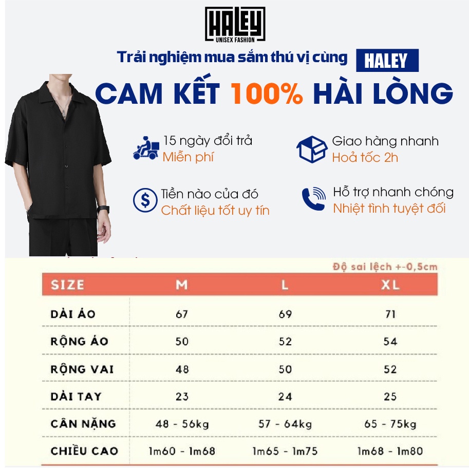 Áo Sơ Mi Ngắn Tay Nam Nữ Cổ Vest TRƠN Trắng Đen Be - Kiểu sơ mi cộc tay form rộng Hàn Quốc Cổ Style Đức HALEY