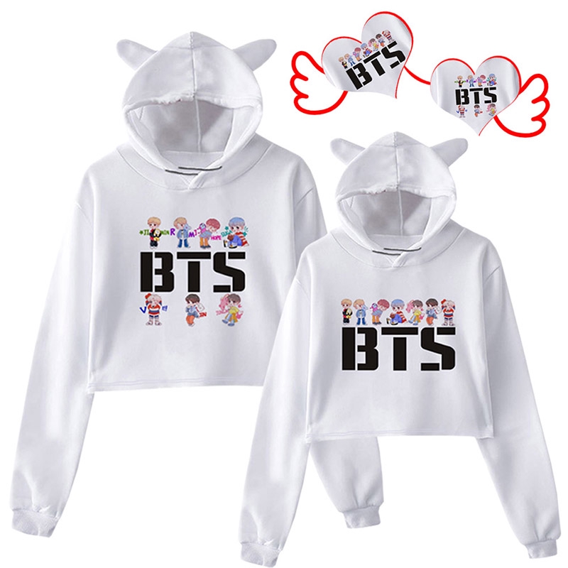 BTS Album Love Yourself Tear Fake Love Kpop Long Sleeve Cropped Hoodies Sweater Women Cat Hit Upon