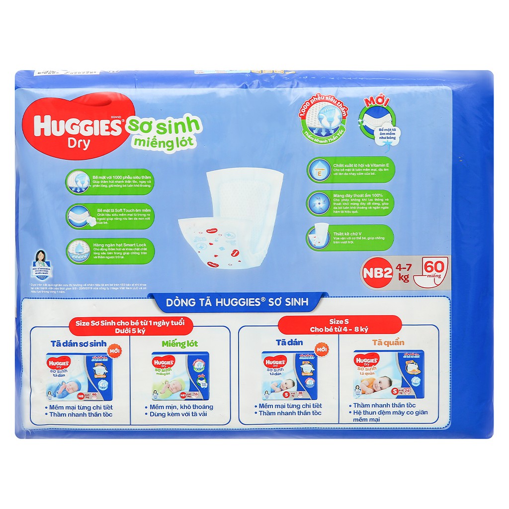 Miếng Lót Sơ Sinh Huggies Newborn 2 cho bé 4-7kg 60 miếng