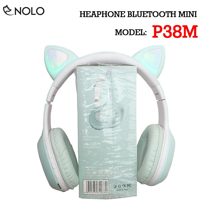 Tai Nghe Chụp Tai Headphone Bluetooth V5.0 P38M Kiểu Dáng Tai Mèo Có Đèn Led Hỗ Trợ Nghe Qua Dây Cắm AUX