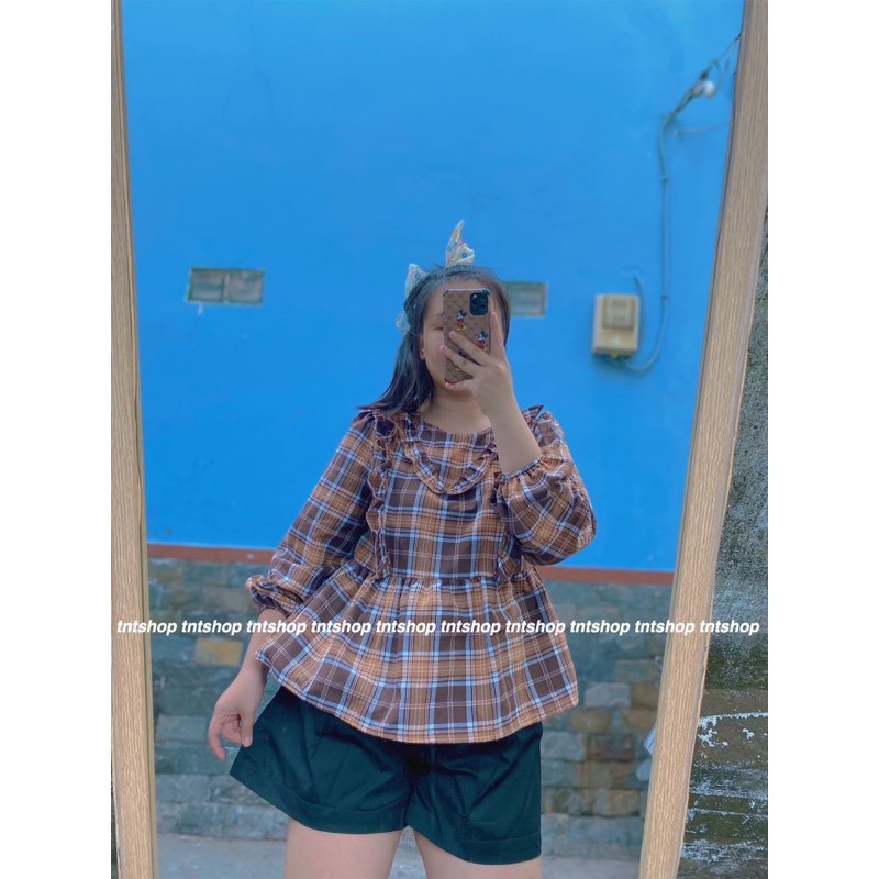 Áo Babydoll Caro Nâu Tay phòng [ TNT Shop Bigsize 60kg - 90kg ] Ảnh thật 100%