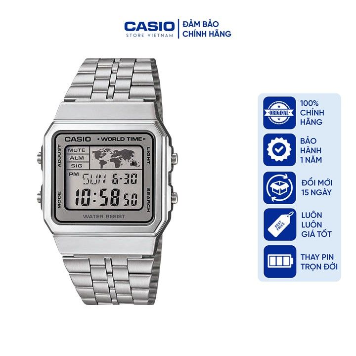 Đồng hồ Nam Casio A500WA-7DF, đồng hồ chính hãng, (dây bạc mặt bạc)