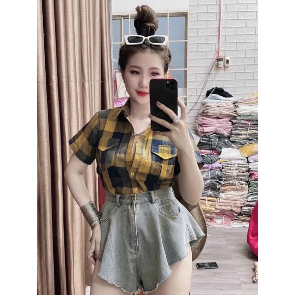 Áo sơ mi caro nữ form rộng công sở kiểu tay ngắn lỡ khoác ngoài đẹp HIJUNE SM02