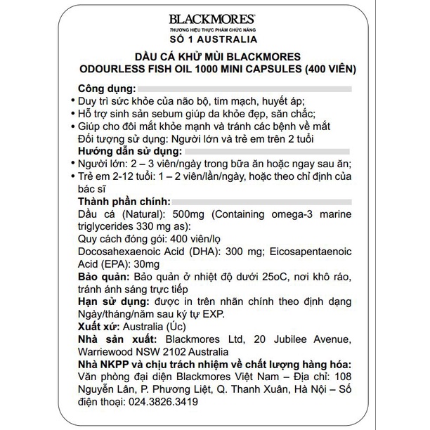 [Chính hãng Úc] Dầu cá khử mùi Minicaps Odourless Fish Oil  Blackmores 400 viên, bổ sung omega 3 tốt cho tim, não, mắt