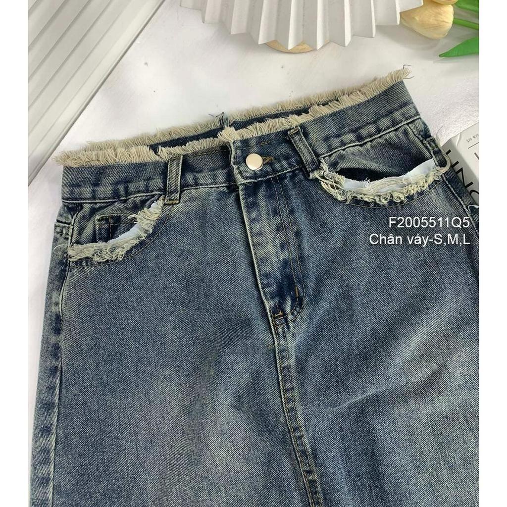 Chân váy jean dáng dài phối kiểu lai viền tua lưng cao!