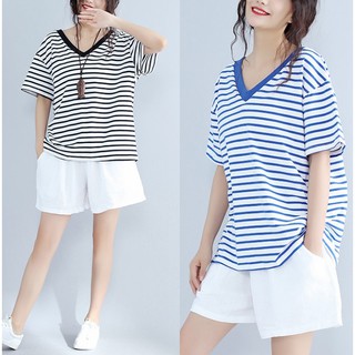 Áo thun nữ BIG SIZE thiết kế cổ chữ V trẻ trung, kẻ ngang thon gọn, màu sắc tươi trẻ